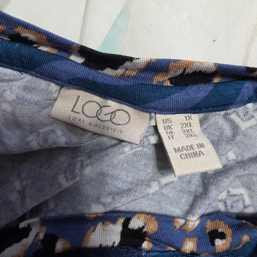 LOGO Lori Goldstein Women 1X Tunic Blue Patchwork Mixed Print Long Sleeve Boho - Picture 4 of 5